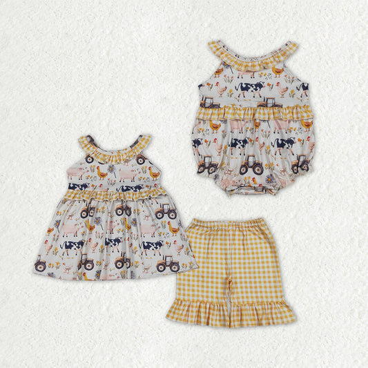 Sibling Baby Girls Pigs Cows Tunic Checked Ruffle Short Farm Clothes Set Rompers