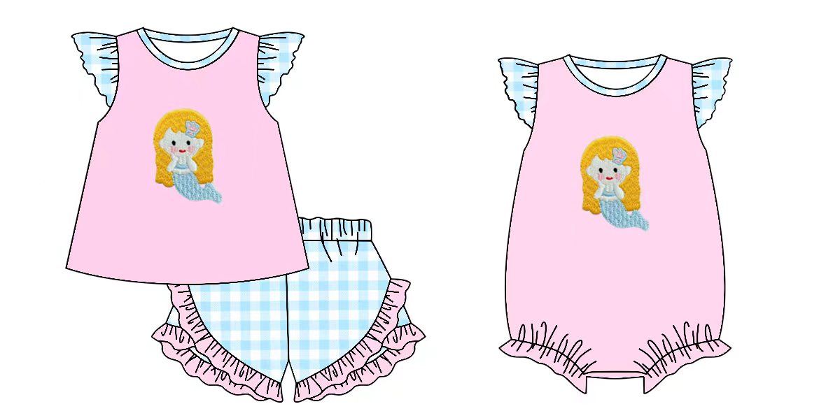Preorder moq 5 (each item)Baby Girls Flutter Sleeve Mermaid Checked Shorts Clothes Sets Rompers