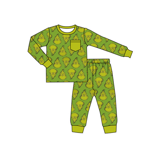 Preorder (moq 20)Baby Boys Bamboo Green Faces Christmas Pocket Pajamas Sets
