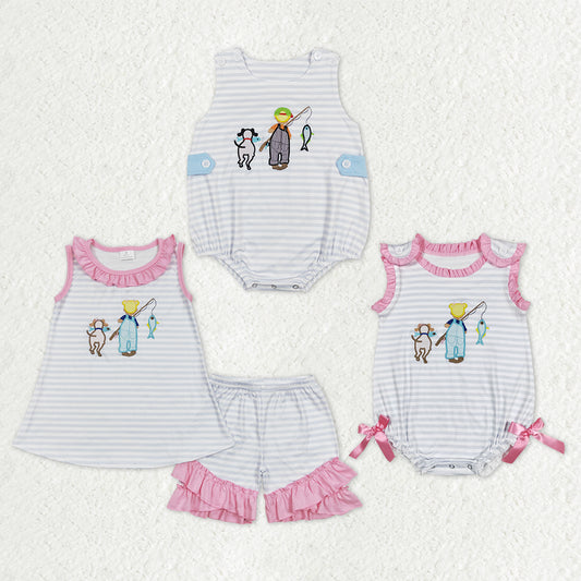 Sibling Baby Kids Embroidery Fishing Stripe Tunic Ruffle Shorts Hunting Clothes Set Rompers