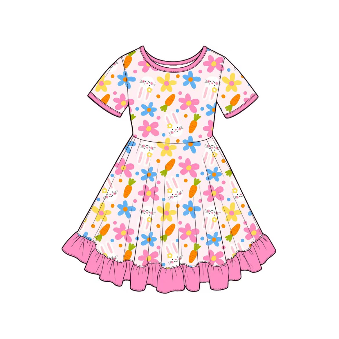 Preorder(moq5) Cute Easter Girls Short Sleeve Ruffled Hem A-Line Dress