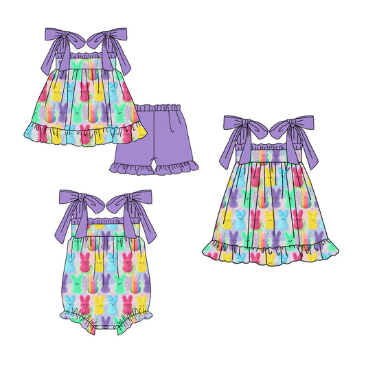 Preorder(moq 5 each)Sibling Baby Girls Colorful Purple Rabbits Tie Romper Dress Shorts Sets