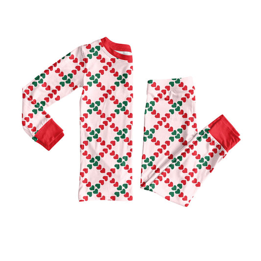 Preorder(moq 8)Baby Girls Red Green Hearts Checked Top Pants Valentine Pajamas Sets