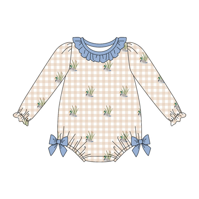 Preorder (moq 5)Baby Girls Long Sleeve Ducks Hunting Checked Ruffle Rompers