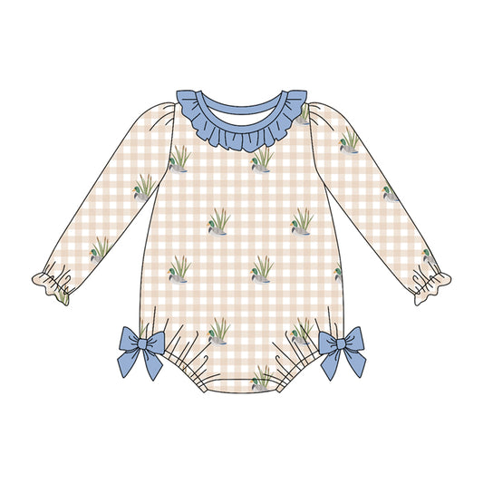 Preorder (moq 5)Baby Girls Long Sleeve Ducks Hunting Checked Ruffle Rompers