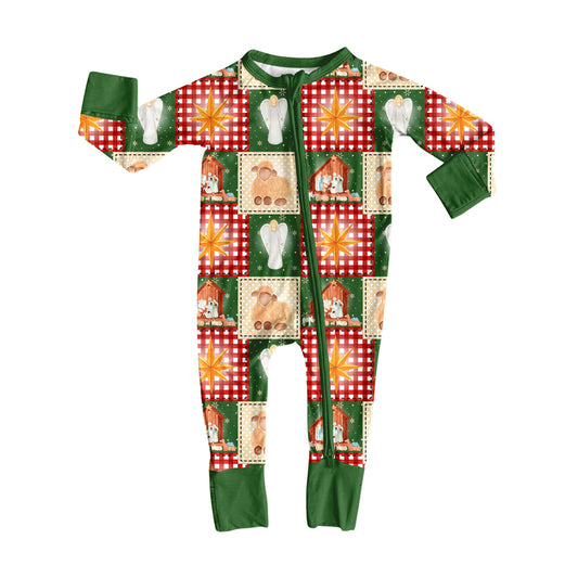 Preorder (moq 20)Baby Boys Bamboo Nativity Checked Christmas Zippy Footie Rompers