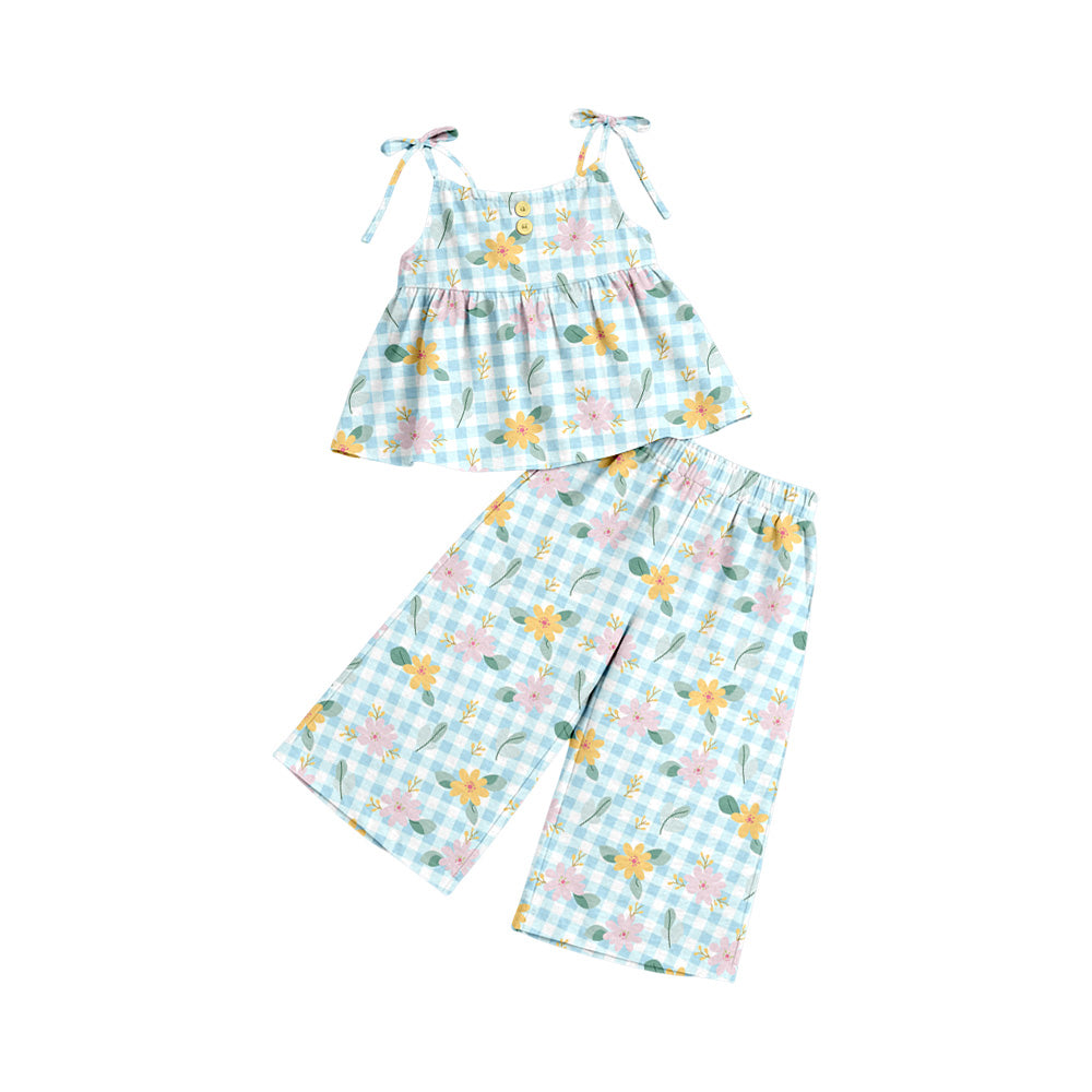 Preorder (moq 5)Baby Girls Strap Aqua Checked Flowers Tunic Flare Pants Clothes Sets