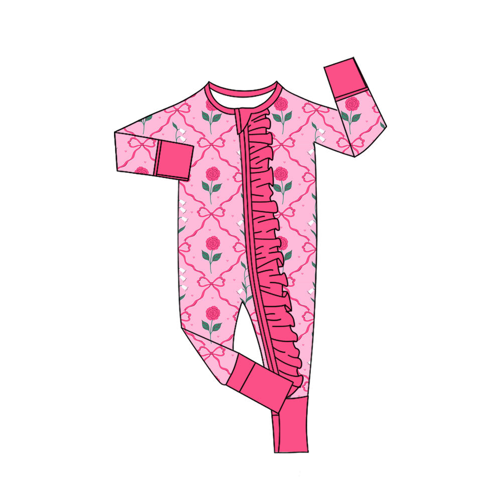 Preorder (moq 5)Baby Girls Bows Flowers Checked Valentine Ruffle Zipper Footie Rompers
