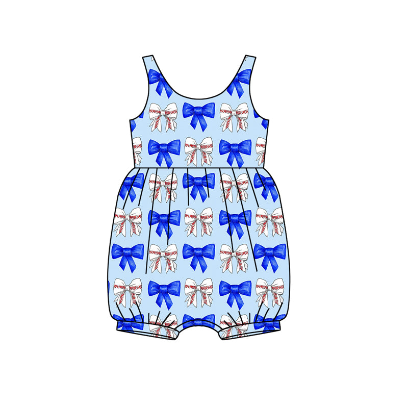 Preorder(moq 5)Baby Infant Girls Blue Sleeveless Bows Baseballs Ruffle Rompers