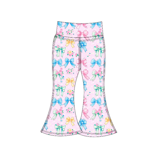 Preorder (moq 5)Baby Girls Pink Blue Bows Flowers Yoga Bell Bottom Pants