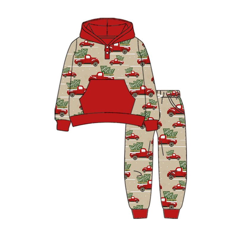 Preorder (moq 5)Baby Boys Button Pockets Cars Trees Hoodie Pockets Jogger Christmas Clothes Sets
