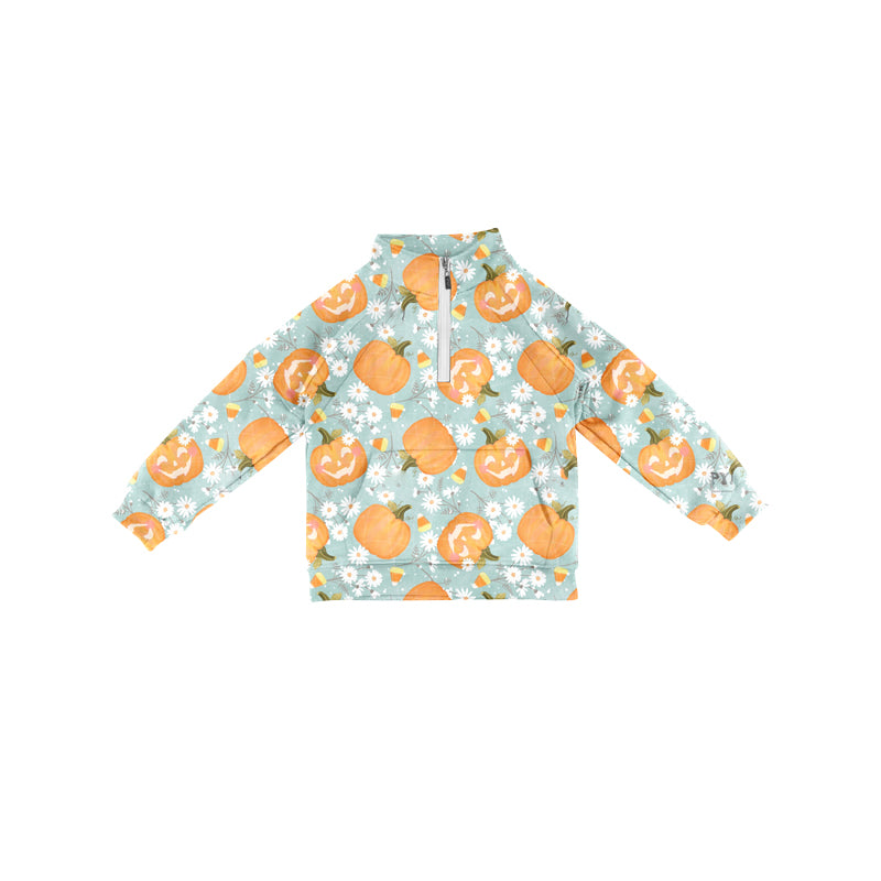 Preorder (moq 5)Baby Girls Long Sleeves Cane Flowers Pumpkins Pocket Zipper Pullovers Top