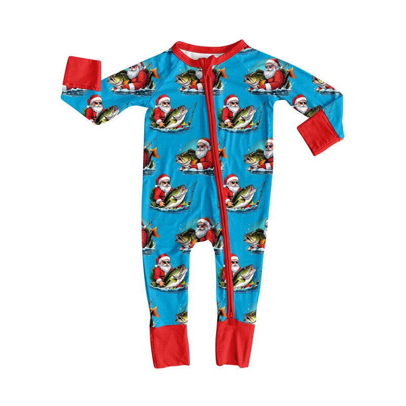 Preorder (moq 8)Baby Boys Santa Fishing Christmas Zipper Footie Rompers