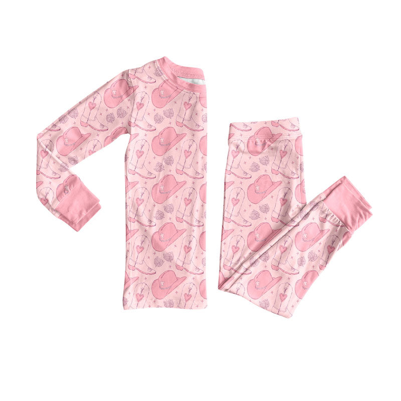 Preorder (moq 20)Baby Girls Bamboo Pink Heart Boots Hats Valentine Pajamas Sets