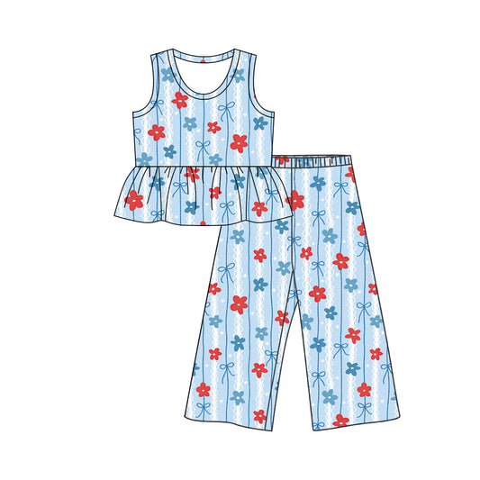 Preorder (moq 5)Baby Girls Blue Red Flower Bows Tunic Flare Pant 4th of July Clothes Sets