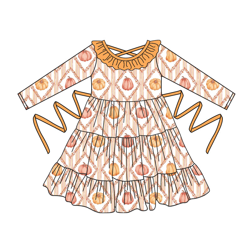 Preorder moq 5 Baby Girls Long Sleeves Pumpkins Plaid With Belt Ruffle Knee Length Dresses