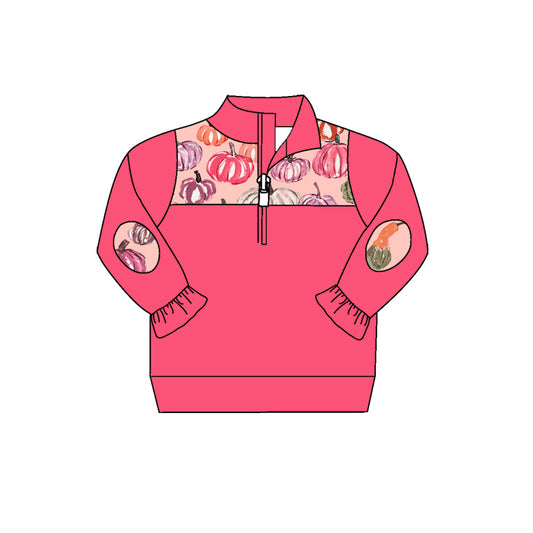 Preorder (moq 5)Baby Girls Pink Long Sleeve Colorful Pumpkins Fall Zip Pullovers Top