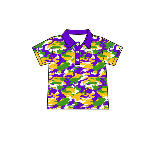 Preorder (moq5) Baby Boy Clothes Mardi Gras Purple Green Gold Camo Print Short Sleeve Polo Shirt`