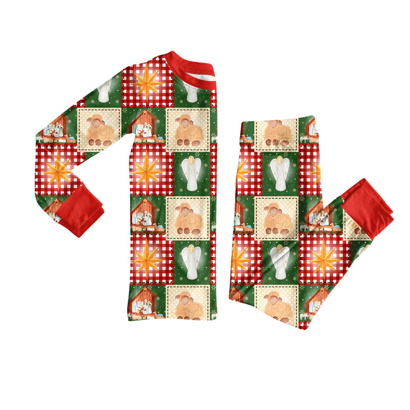 Preorder (moq 20)Baby Girls Bamboo Nativity Stars Checked Christmas Pajamas Sets