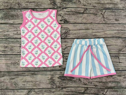 Baby Girls Sleeveless Shirt Flowers Stripes Shorts Sets