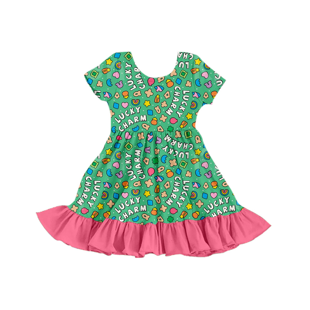 Preorder (moq 5) Baby Girl Clothes Lucky Charm Candy Heart Rainbow Print Short Sleeve Ruffle Twirl Dress