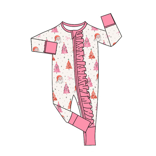 Preorder (moq 20)Baby Girls Bamboo Christmas Santa Trees Ruffle Zippy Footie Rompers