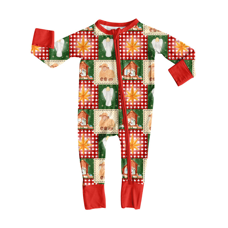 Preorder (moq 20)Baby Girls Bamboo Nativity Checked Christmas Zippy Footie Rompers