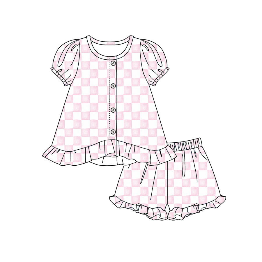 Preorder moq 5 Baby Girls Pink Checked Button Tunic Ruffle Shorts Clothes Set