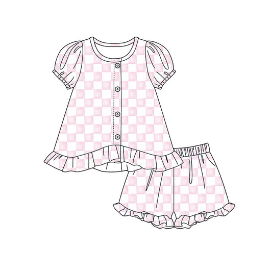 Preorder moq 5 Baby Girls Pink Checked Button Tunic Ruffle Shorts Clothes Set