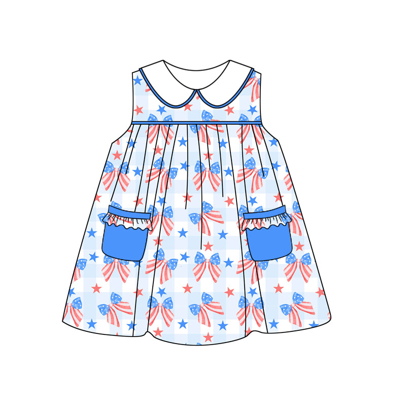Preorder (moq 5)Baby Girls 4th Of July Bows Sleeveless Knee Length Dresses