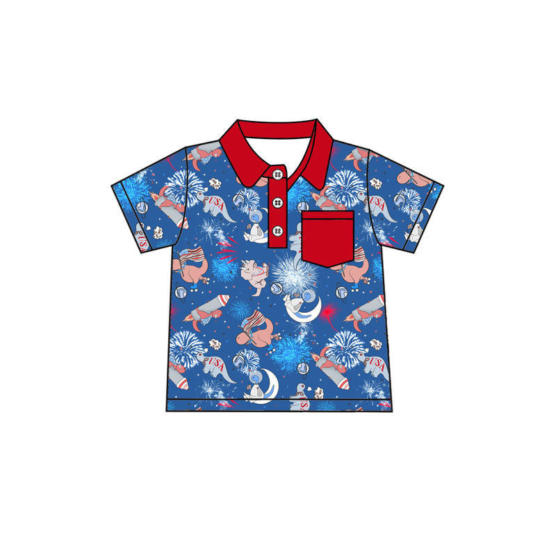 Preorder moq 5 Baby Boys Blue Short Sleeves Button Pocket Firework Flags 4th Of July Polo Shirts Top