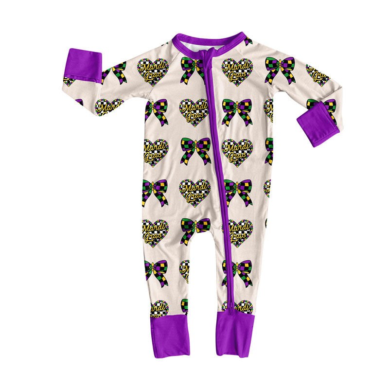 Preorder (moq 8)Baby Girls Mardigras Bows Hearts Zipper Footie Rompers