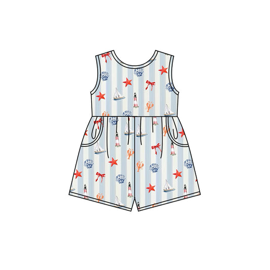 Preorder (moq 5)Baby Girls Sail Boats Bows Shorts Pockets Jumpsuits