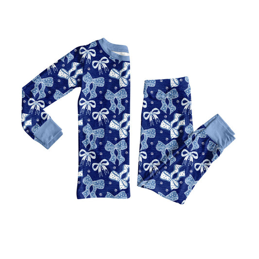 Preorder(moq 8)Baby Girls Blue Polka Dots Bows Top Pants Pajamas Sets