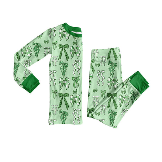 Preorder (moq 5)Baby Girls Green Bows Top Pants St Patrick Pajamas Sets