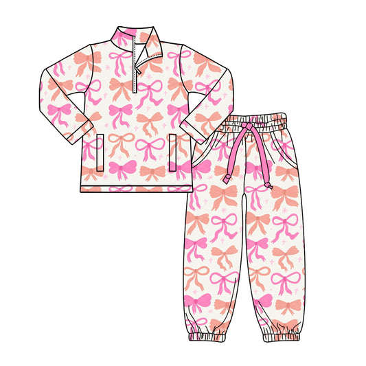 Preorder(moq 8)Baby Girls Orange Pink Bows Stars Zipper Pockets Pullovers Jogger Pants Clothes Set