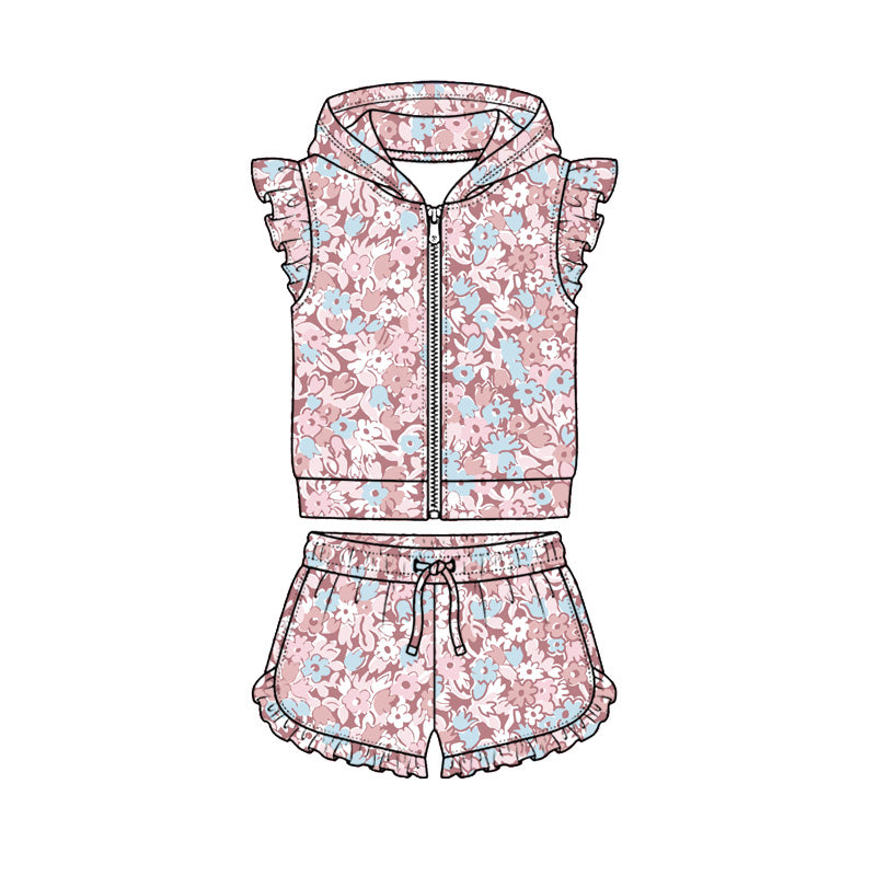 Preorder (moq 5)Baby Girls Colorful Floral Hoodie Zip Jacket Ruffle Short Clothes Sets