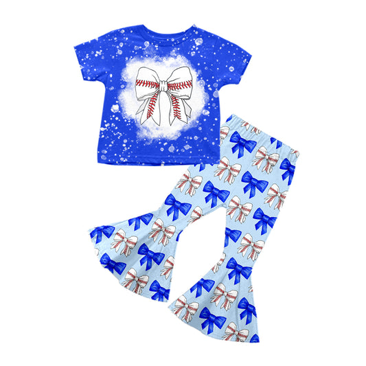 Preorder (moq 5)Baby Girls Blue Short Sleeves Baseball Bows Top Bell Bottom Pant Set