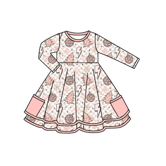 Preorder (moq 5)Baby Girls Long Sleeves Christmas Trees Lights Plaid Pockets Knee Length Dresses