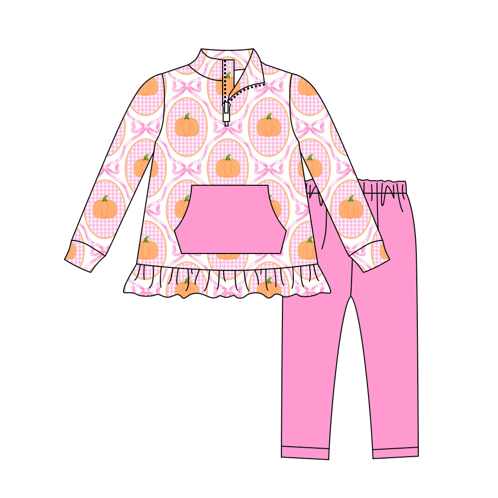Preorder (moq 5)Baby Girls Long Sleeves Pink Bows Pumpkins Plaid Pocket Zipper Top Legging Pants Set