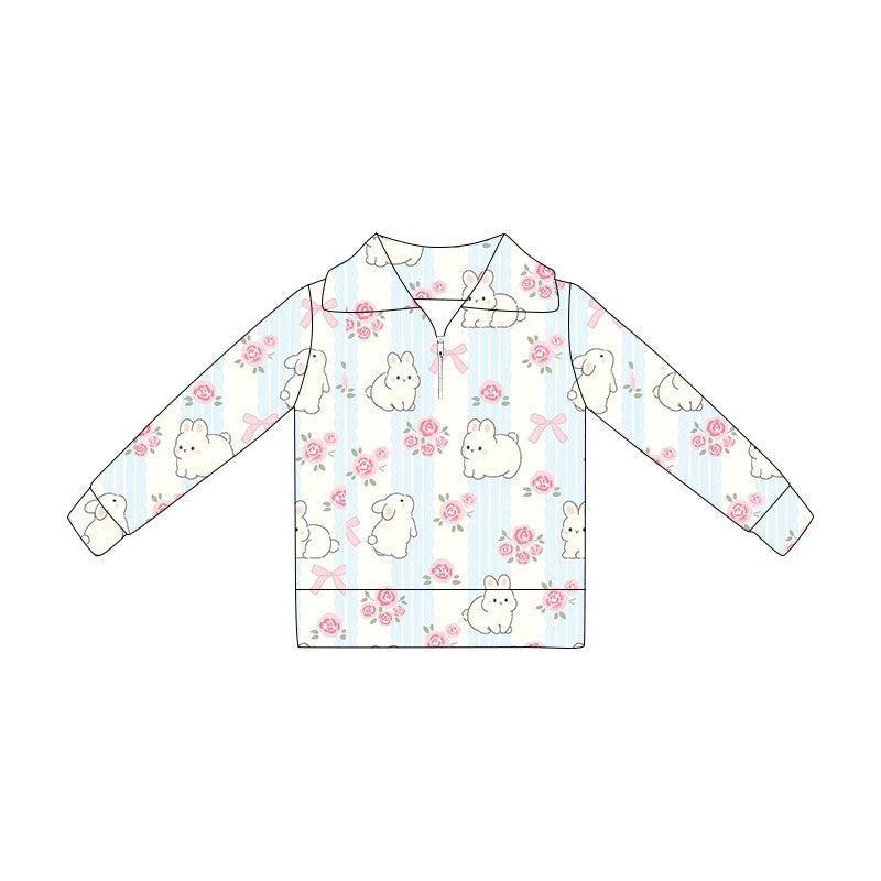 Preorder(moq 5) Baby Girls Rabbits Flowers Easter Zipper Pullovers Top