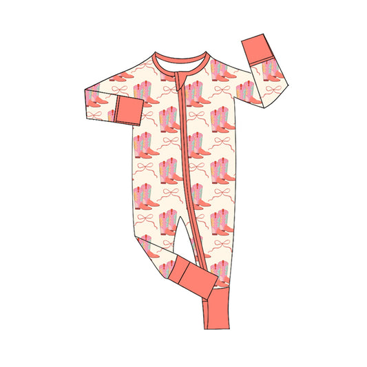 Preorder (moq 5)Baby Girls Boots Bows Western Two Way Zip Convertible Rompers