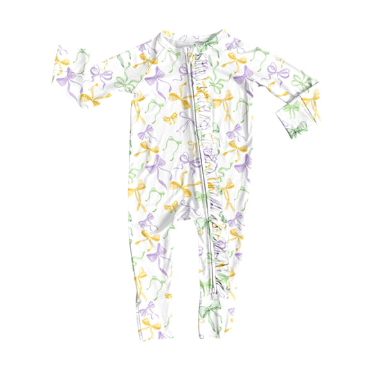 Preorder (moq 20)Baby Girls Bamboo Purple Yellow Green Bows Mardi Gras Ruffle Zippy Footie Rompers