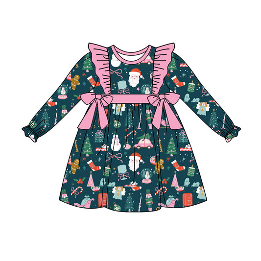 Preorder (moq 5)Baby Girls Long Ruffle Sleeves Bows Gift Santa Plaid Knee Length Dresses