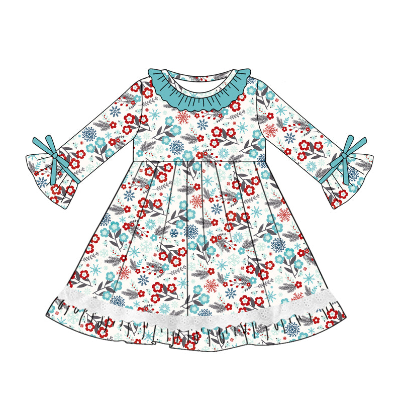 Preorder (moq 5)Baby Girls Long Sleeves Blue Red Flowers Lace Ruffle Knee Length Dresses