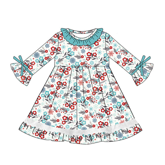 Preorder (moq 5)Baby Girls Long Sleeves Blue Red Flowers Lace Ruffle Knee Length Dresses