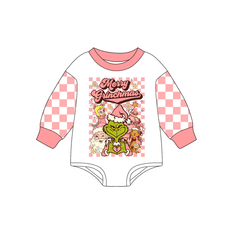 Preorder(moq 5)Baby Girls Peach Plaid Long Sleeves Merry Christmas Santa Rompers