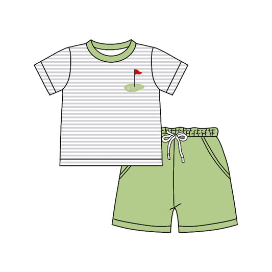 Preorder (moq 5)Baby Boys Short Sleeves Stripe Golf Flag Top Pockets Aqua Short Set