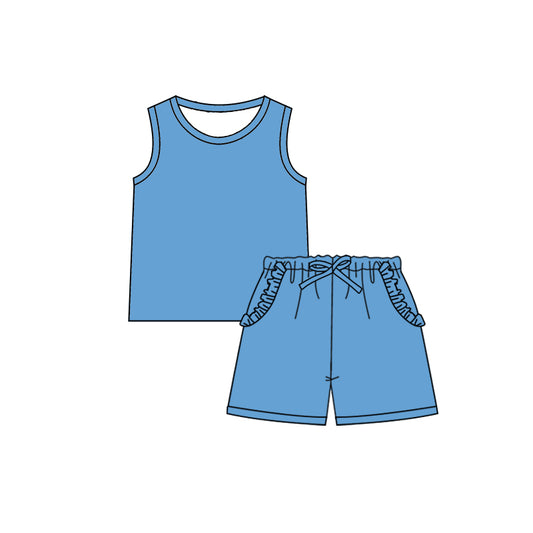 Preorder (moq 5)Baby Girls Blue Sleeveless Shirt Ruffle Pockets Shorts Clothes Sets