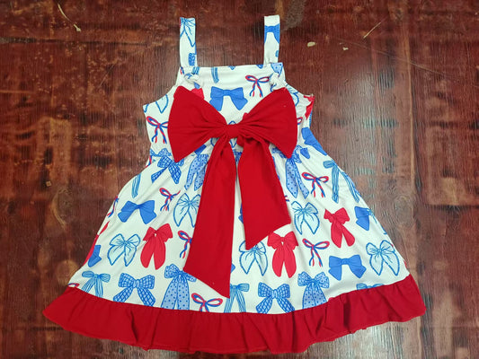 Preorder moq 5 Baby Girls Strap Blue Red Bows 4th Of July Knee Length Dresses